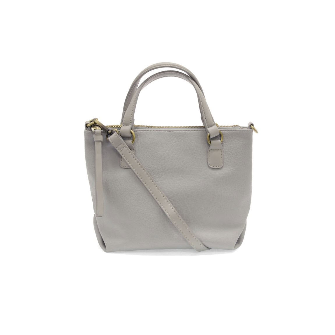 A small, light gray leather handbag with two short handles, a detachable long shoulder strap, and gold-tone hardware, displayed on a white background.