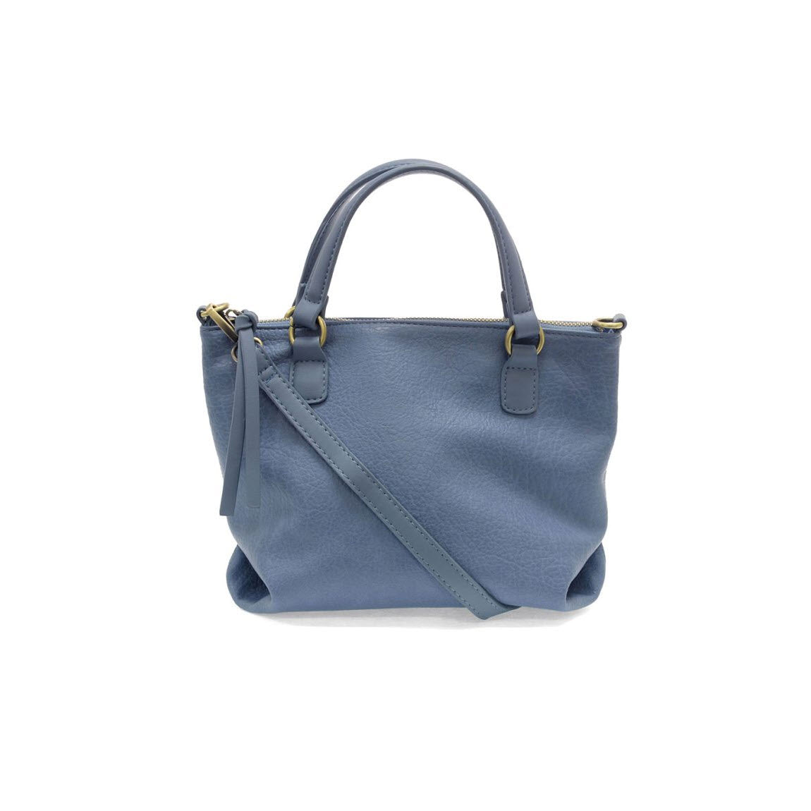 A small blue leather handbag with two short handles, a detachable shoulder strap, and gold-tone hardware, set against a white background.