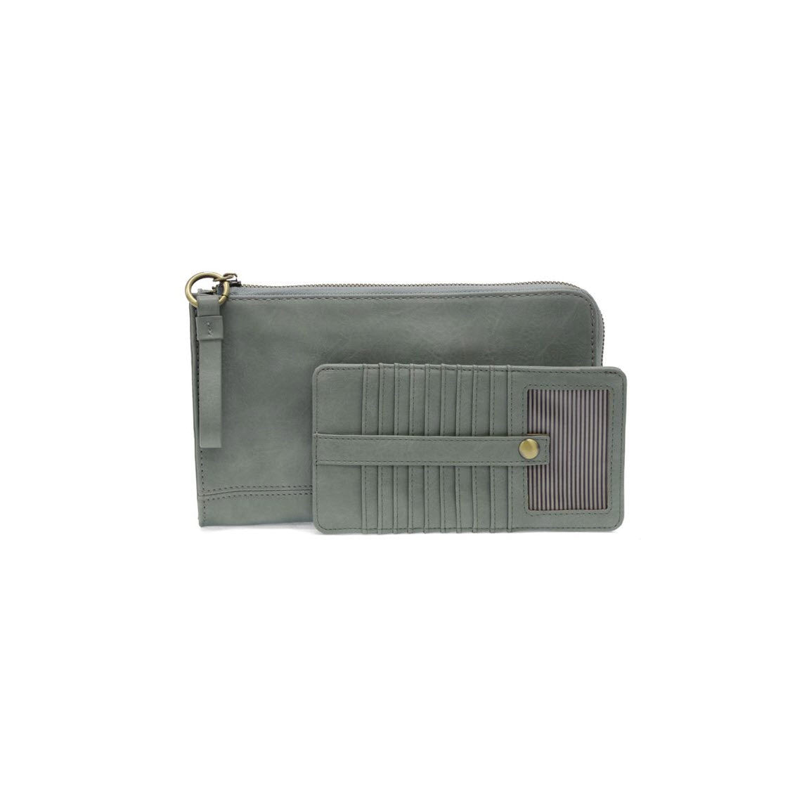 A grey leather zippered pouch with a matching cardholder placed in front, featuring multiple card slots and a transparent ID window.