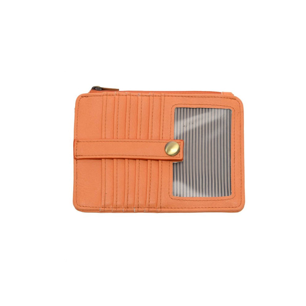 An orange wallet with multiple card slots, a snap-button strap, a zipper at the top, and a clear ID window displaying a card with black and white stripes.