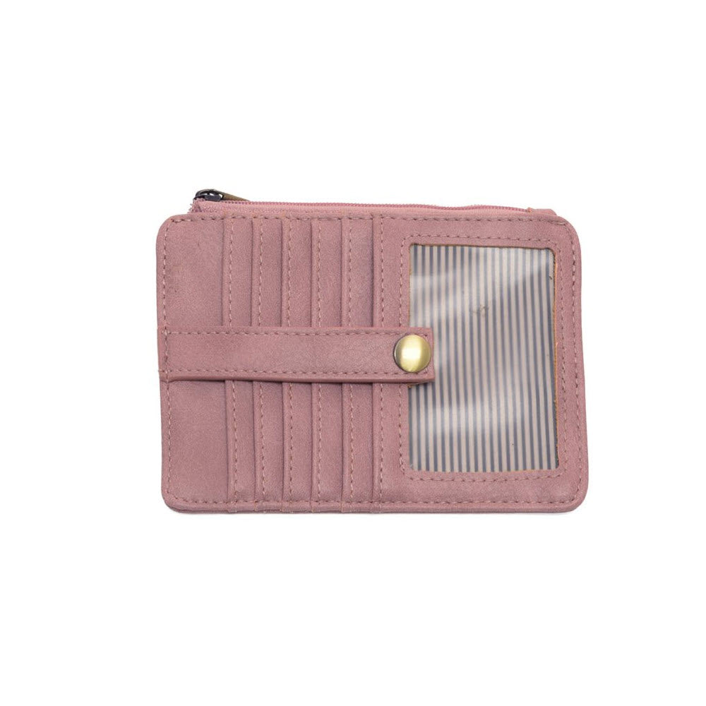 A mauve pink cardholder with multiple card slots, a snap-button strap, a clear ID window, and a zipper compartment, displayed on a white background.