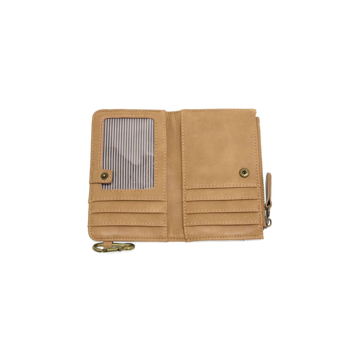 Tan leather wallet opened flat, showing multiple card slots, a transparent ID window with striped background, and a metal clasp on the left side, all set against a white background.