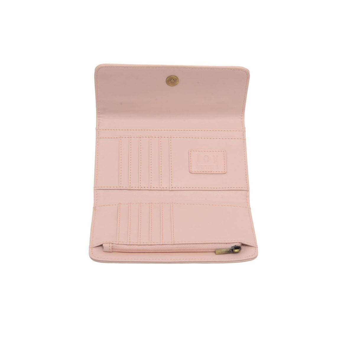A light pink wallet is open, showing multiple card slots, a clear ID window, and a zippered pocket. The wallet has a snap button closure at the top.