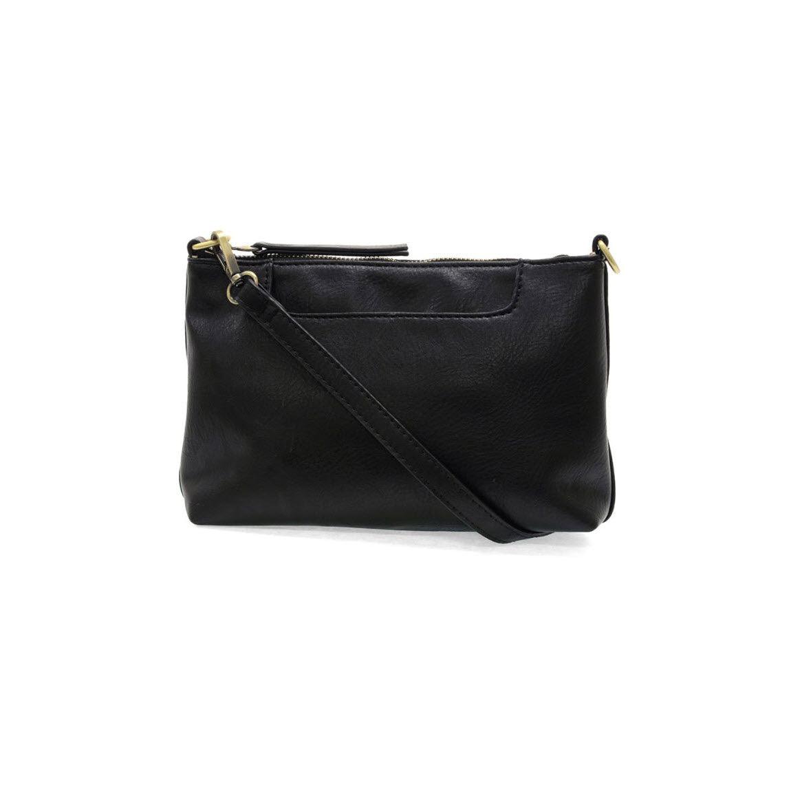 A black leather crossbody bag with a simple, rectangular design, a long adjustable strap, and a zippered top closure against a plain white background.