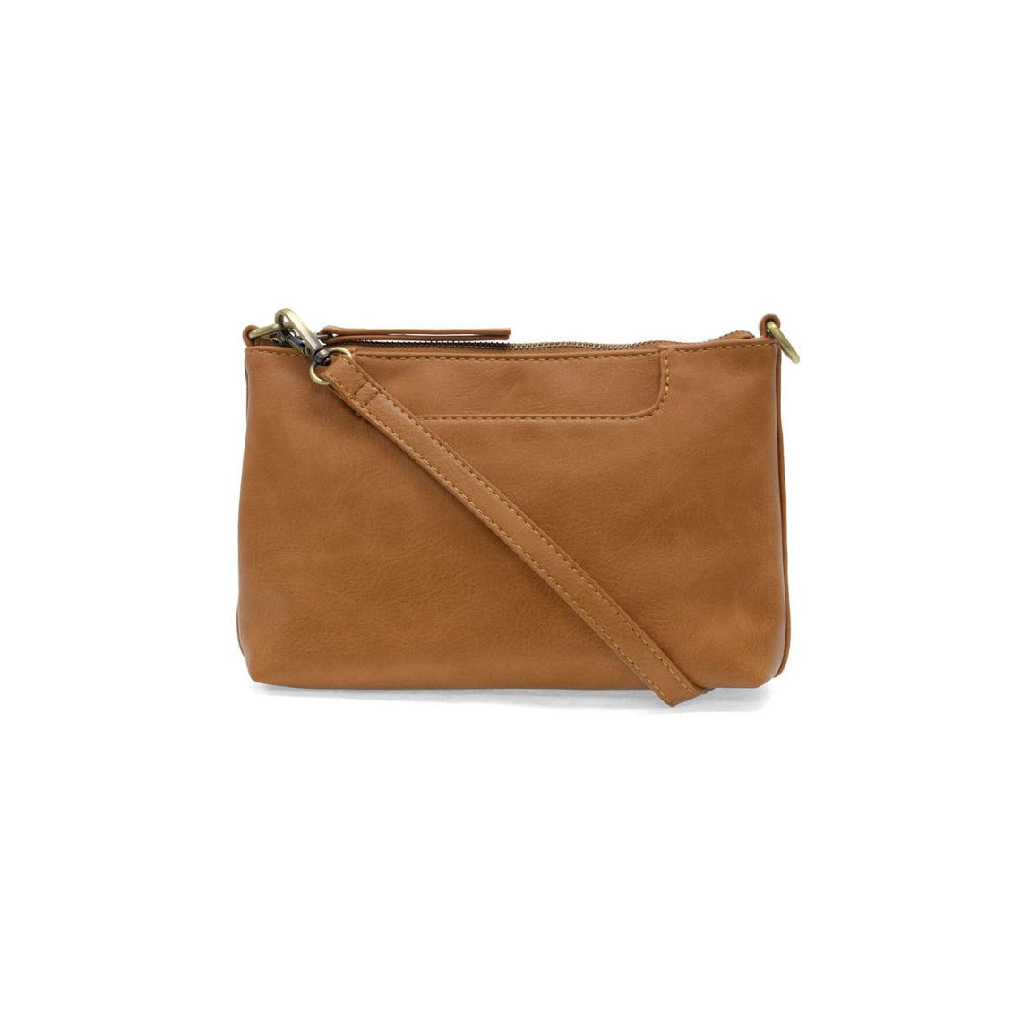 A small, rectangular tan leather wristlet purse with a zipper closure and a matching strap, displayed against a plain white background.