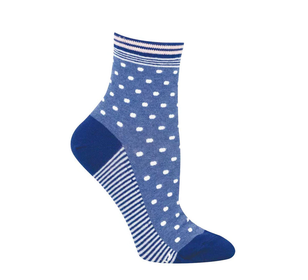 A blue ankle sock with white polka dots on the upper part, white and blue stripes on the cuff and sole, and solid blue heel and toe sections.