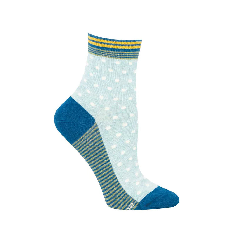 Light blue ankle sock with white polka dots, blue toe and heel, a blue and yellow striped cuff, and blue and yellow stripes on the sole and near the heel.