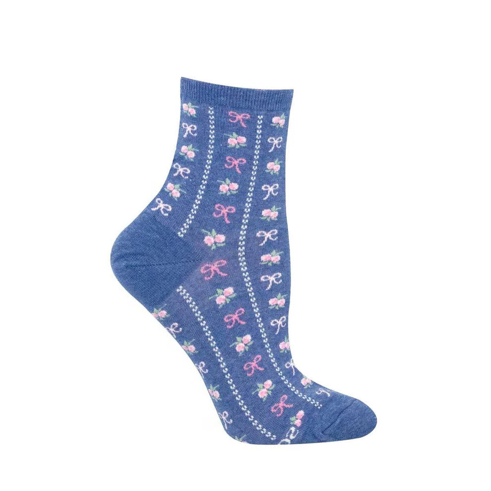 A blue ankle sock with vertical rows of small pink bows and flower patterns, accented by white dotted lines, displayed on a white background.