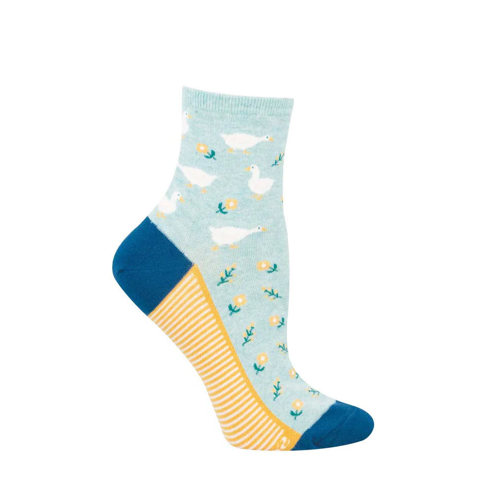 A light blue sock with a pattern of white ducks and small yellow flowers, featuring a yellow and white striped heel and a blue toe and heel section.