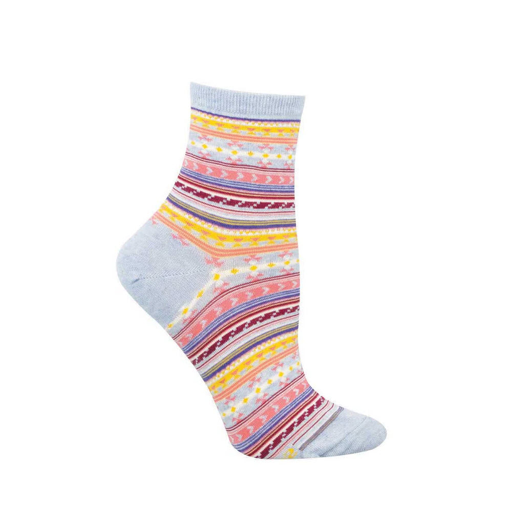 A single light blue sock with a colorful horizontal pattern in yellow, orange, pink, and white, featuring stripes and small dots, displayed on a white background.