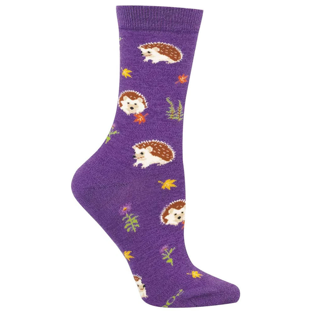 SOCKSMITH HURRY ALONG HEDGEHOG CREW SOCKS PURPLE - WOMENS