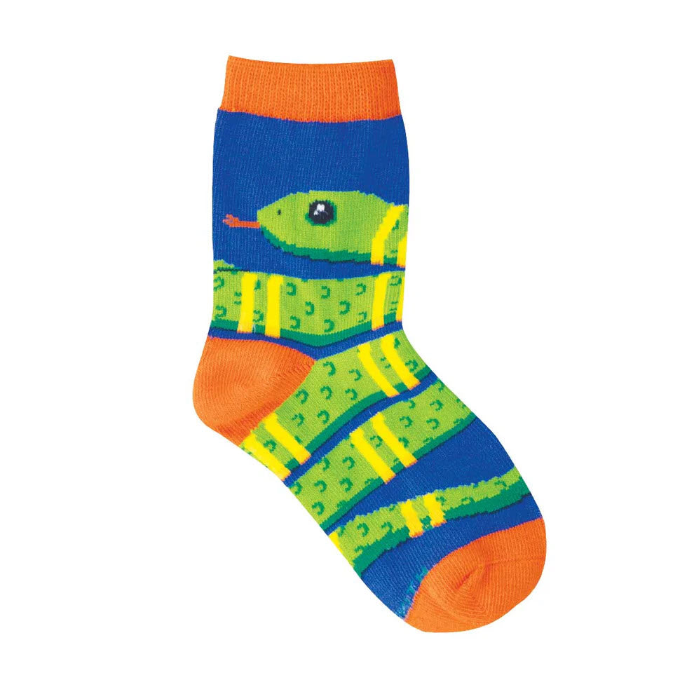 A colorful sock with orange toe, heel, and cuff, and a blue background featuring a green snake with yellow stripes and red tongue wrapping around the sock.
