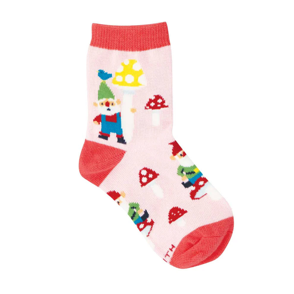 Pink sock with red toe, heel, and cuff, featuring a pattern of cartoon gnomes holding yellow spotted mushrooms and red-and-white mushrooms scattered throughout.