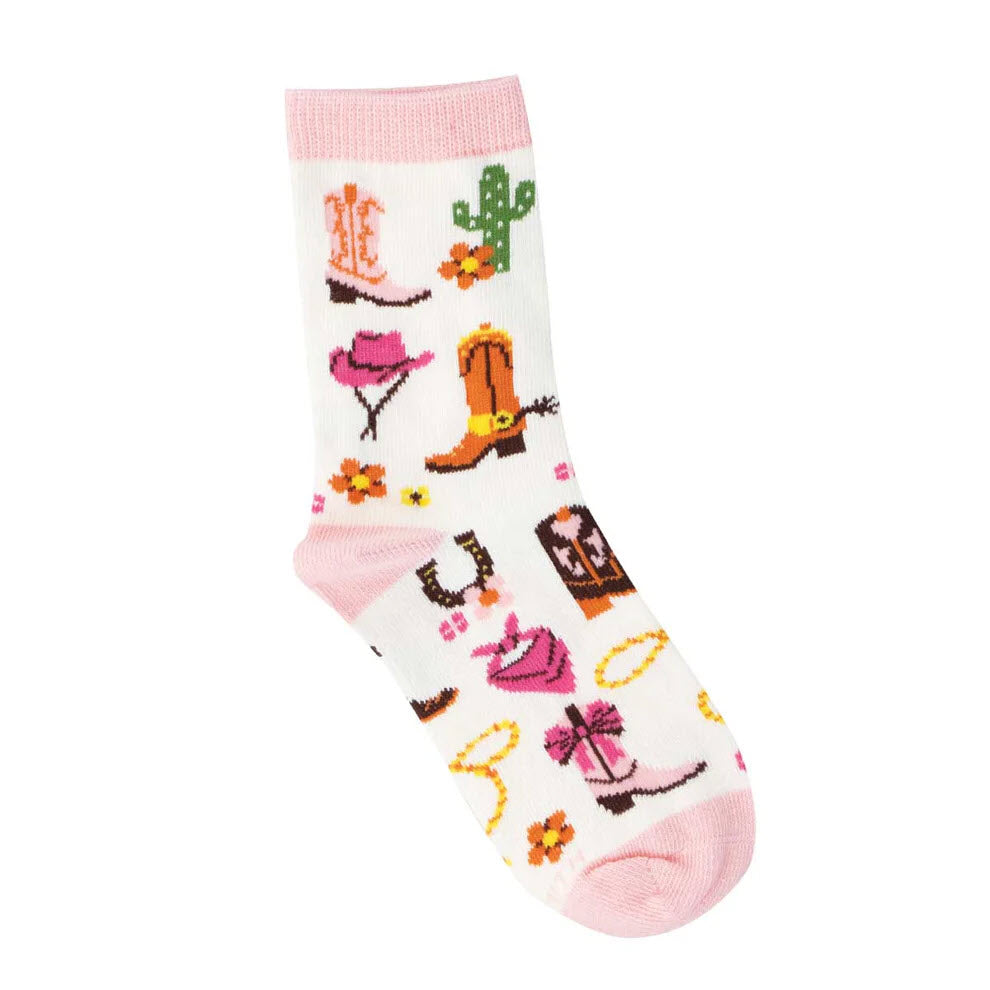 White sock with pink trim featuring colorful western-themed designs, including cowboy boots, hats, cacti, horseshoes, flowers, and lassos.