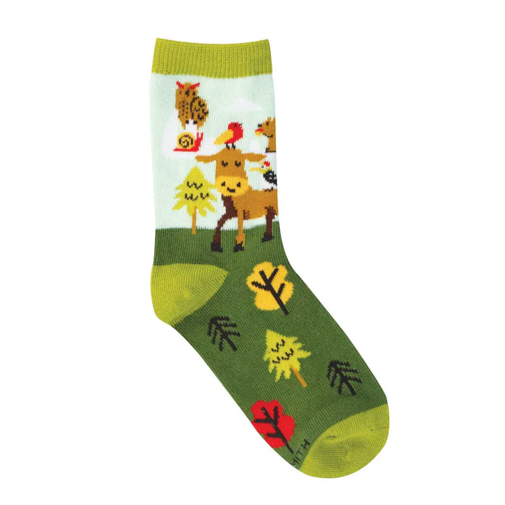 A green and yellow sock featuring cartoon forest animals, including a deer, an owl, a squirrel, and a bird, with tree and leaf designs on the foot and background.