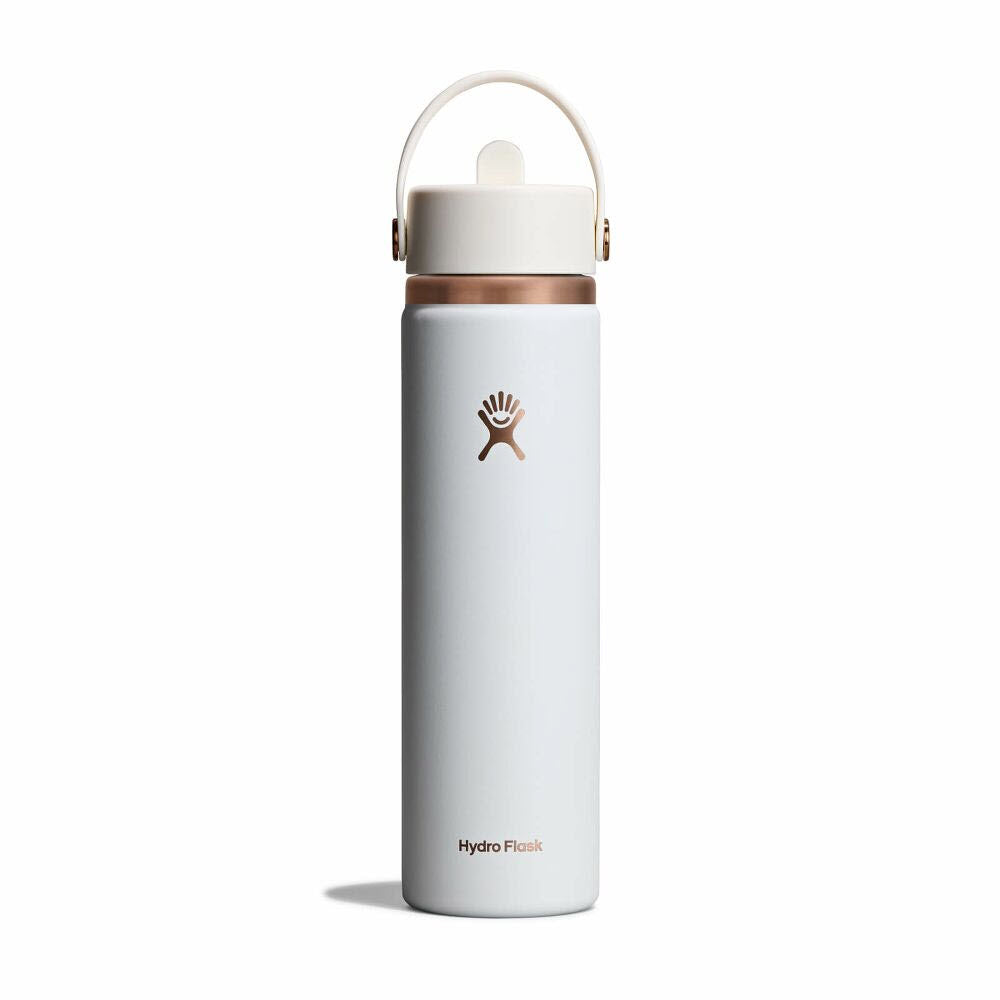 A white Hydro Flask water bottle with a handle and a copper-colored accent around the lid, shown upright against a plain white background.