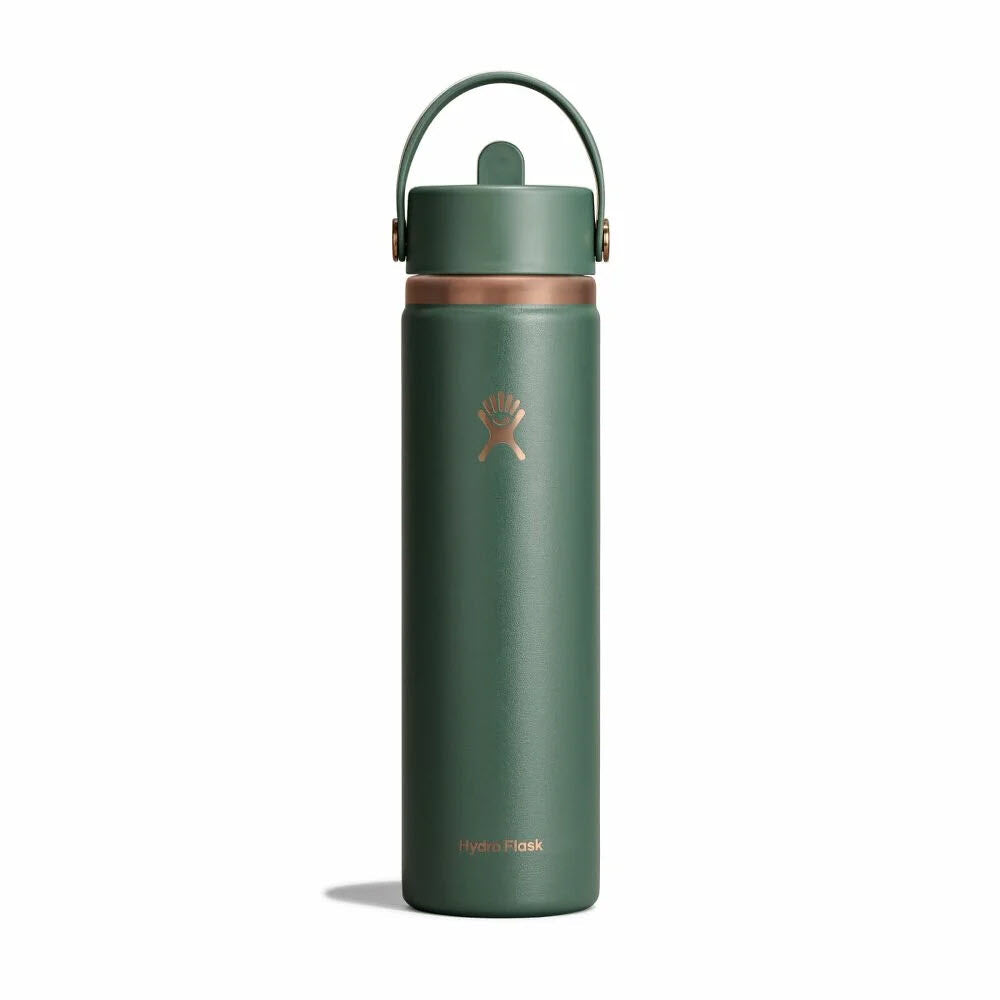 A green insulated Hydro Flask water bottle with a copper-colored lid and handle, featuring the Hydro Flask logo on the front. The bottle is standing upright against a white background.