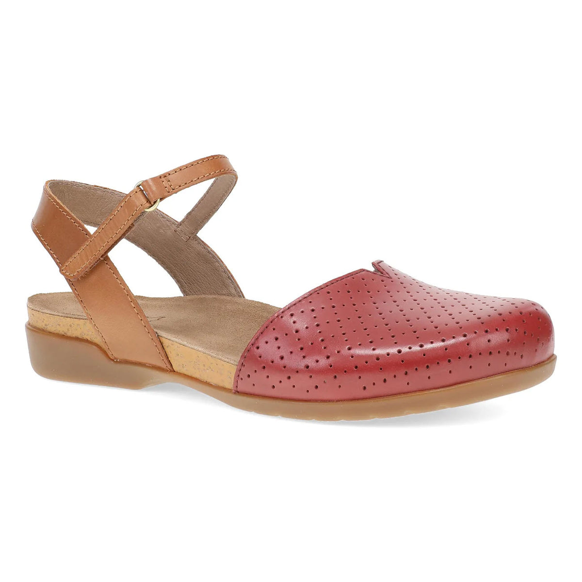 A stylish womens flat shoe with a red perforated leather front, tan ankle straps, and a low beige sole, shown from a side angle.