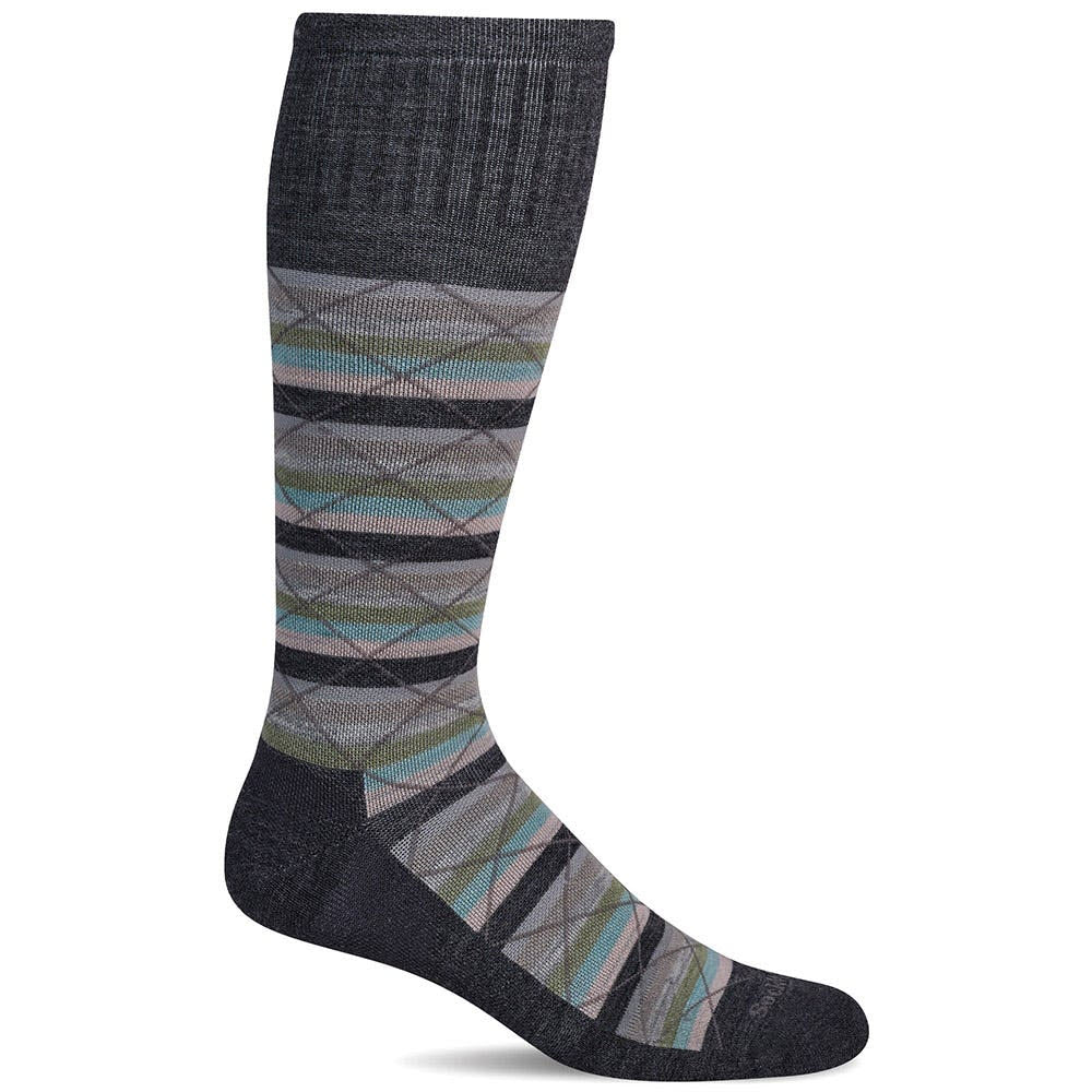 SOCKWELL KNEE HIGH WIDE CALF SOCKS FULL ARRAY STRIPE CHARCOAL 15-20 MMHG - WOMENS