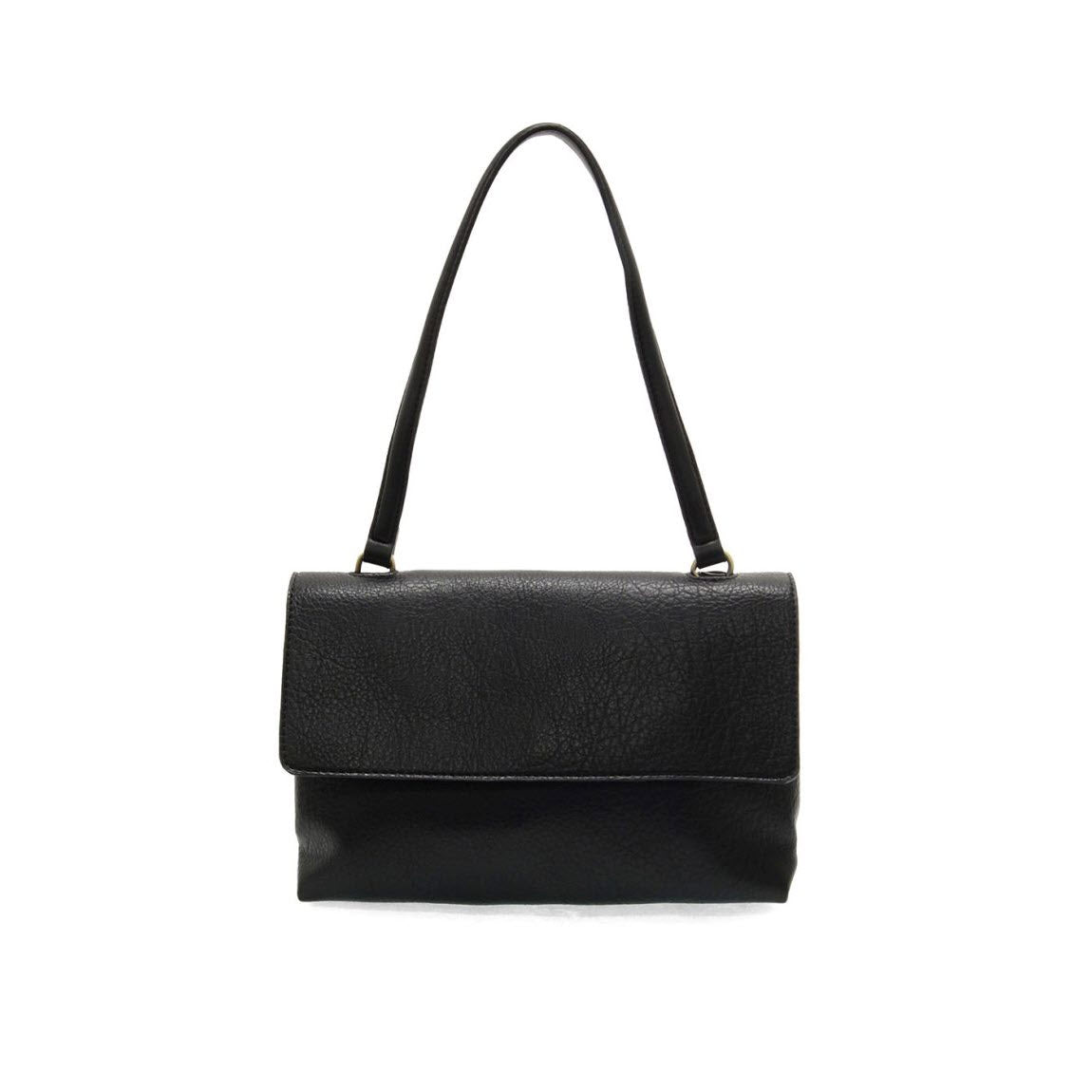 A black leather handbag with a single shoulder strap and a rectangular flap closure, displayed against a plain white background.
