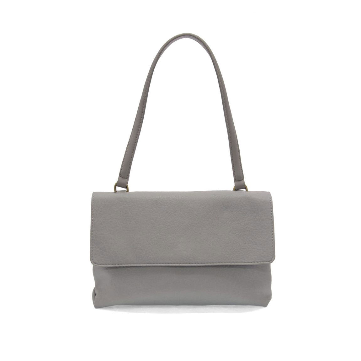 A small gray leather handbag with a single shoulder strap and a flap closure, shown against a white background.
