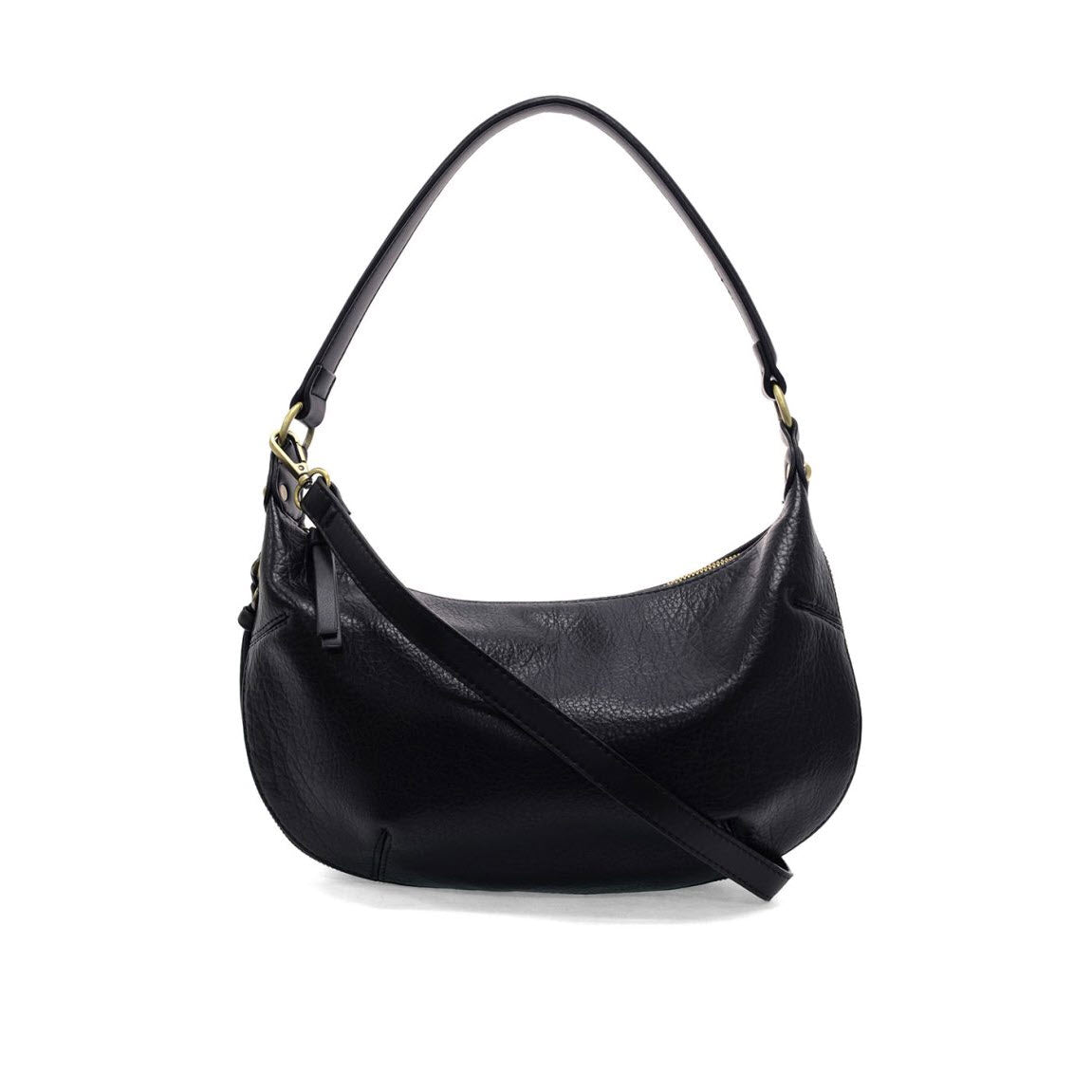 A black leather handbag with a curved, crescent shape, short shoulder strap, and a longer adjustable crossbody strap. The bag has gold-tone hardware and a simple, minimalist design.