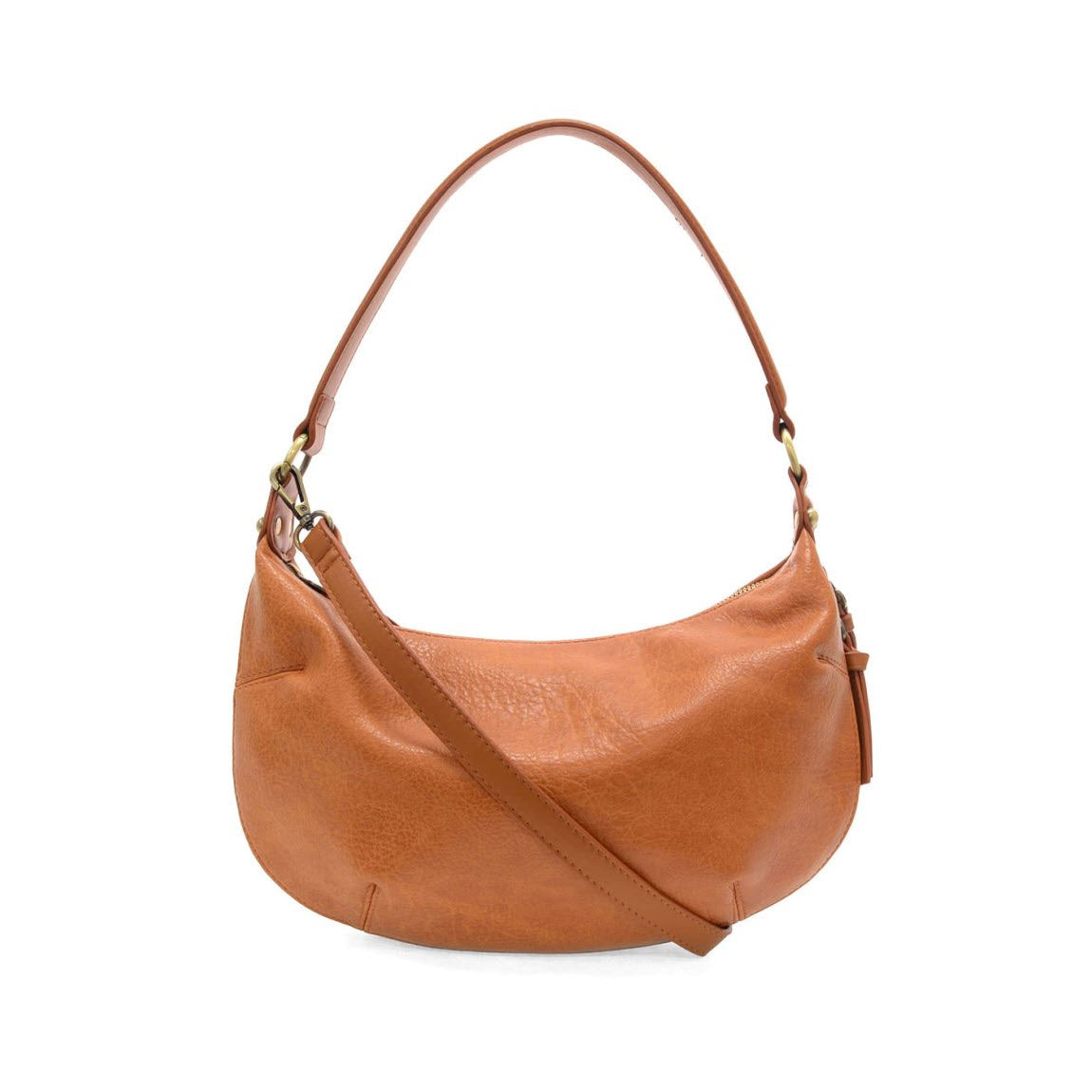 A tan leather shoulder bag with a rounded shape, a short handle, and an adjustable crossbody strap, displayed on a white background.
