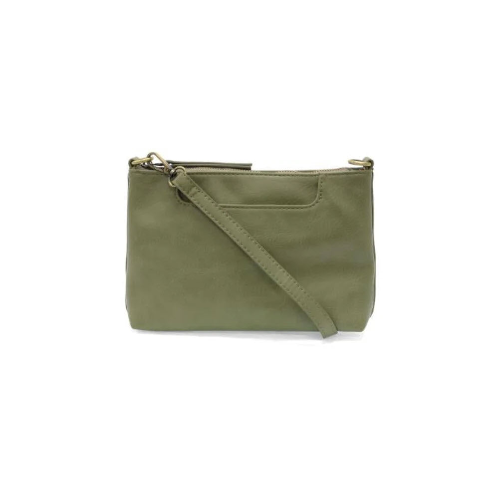 A small olive green leather wristlet purse with a matching strap and gold-tone hardware, displayed against a white background.