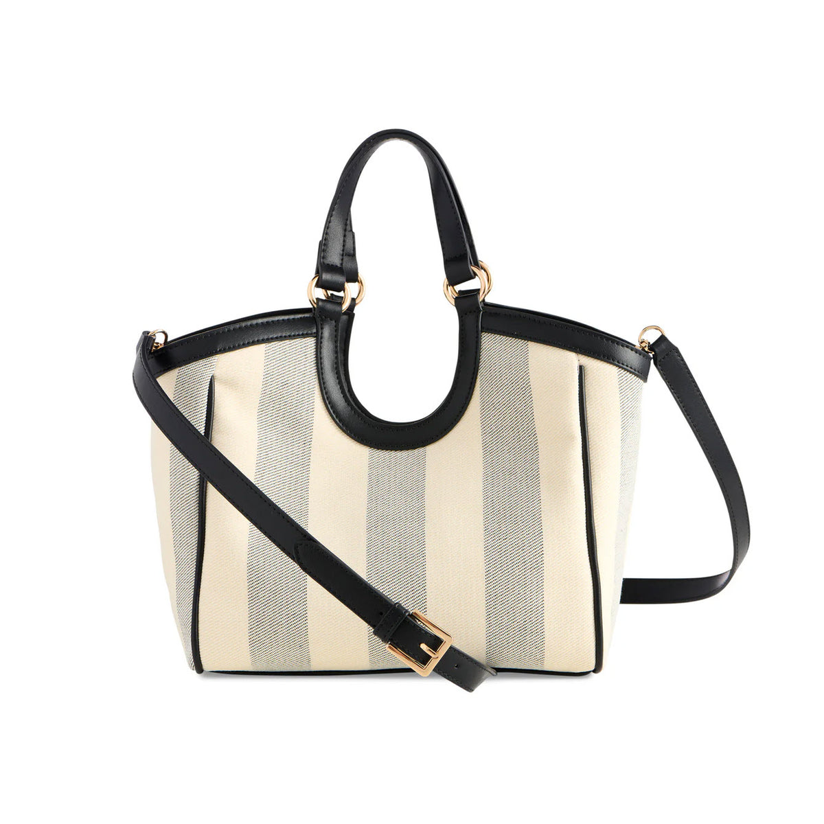 A stylish handbag with black handles and trim, featuring vertical beige and grayish stripes and a long adjustable black shoulder strap with a gold buckle.