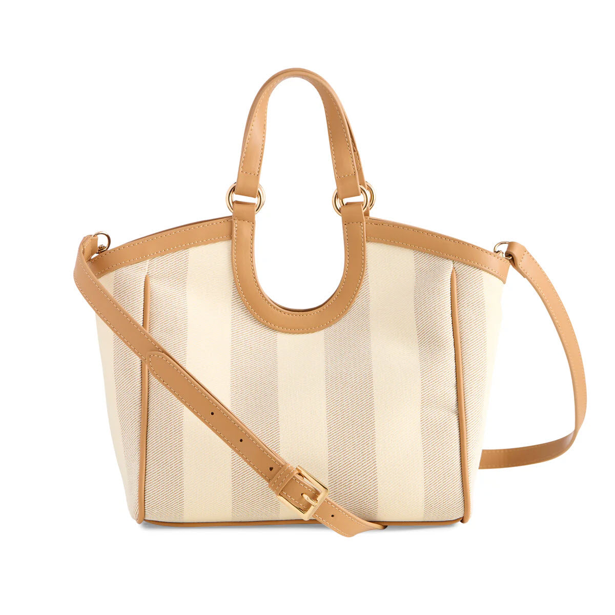 A beige and cream striped tote bag with tan leather handles, trim, and an adjustable crossbody strap, featuring gold-tone hardware.