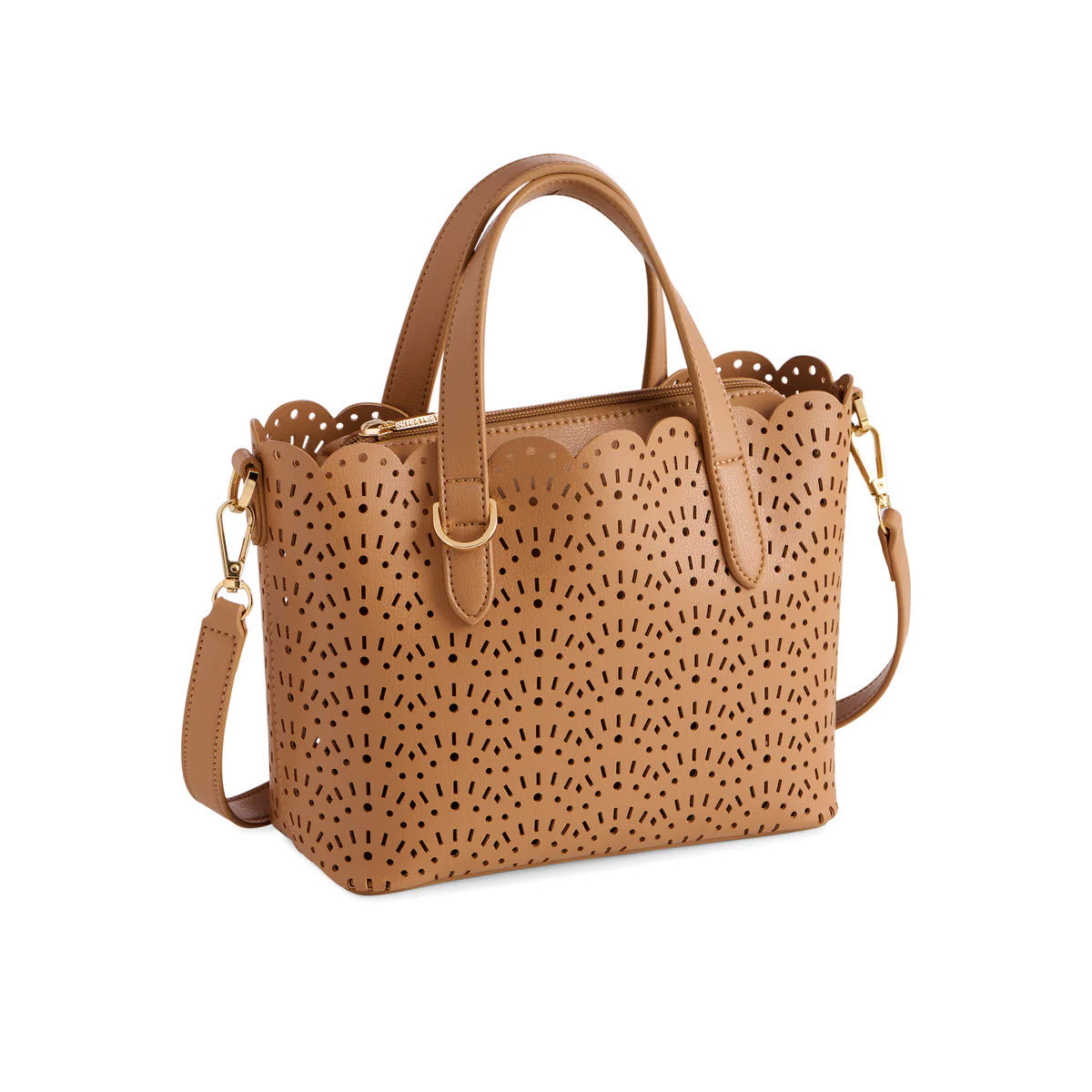 Tan handbag with scalloped edges, intricate laser-cut pattern, two short handles, and a detachable shoulder strap with gold hardware, set against a white background.