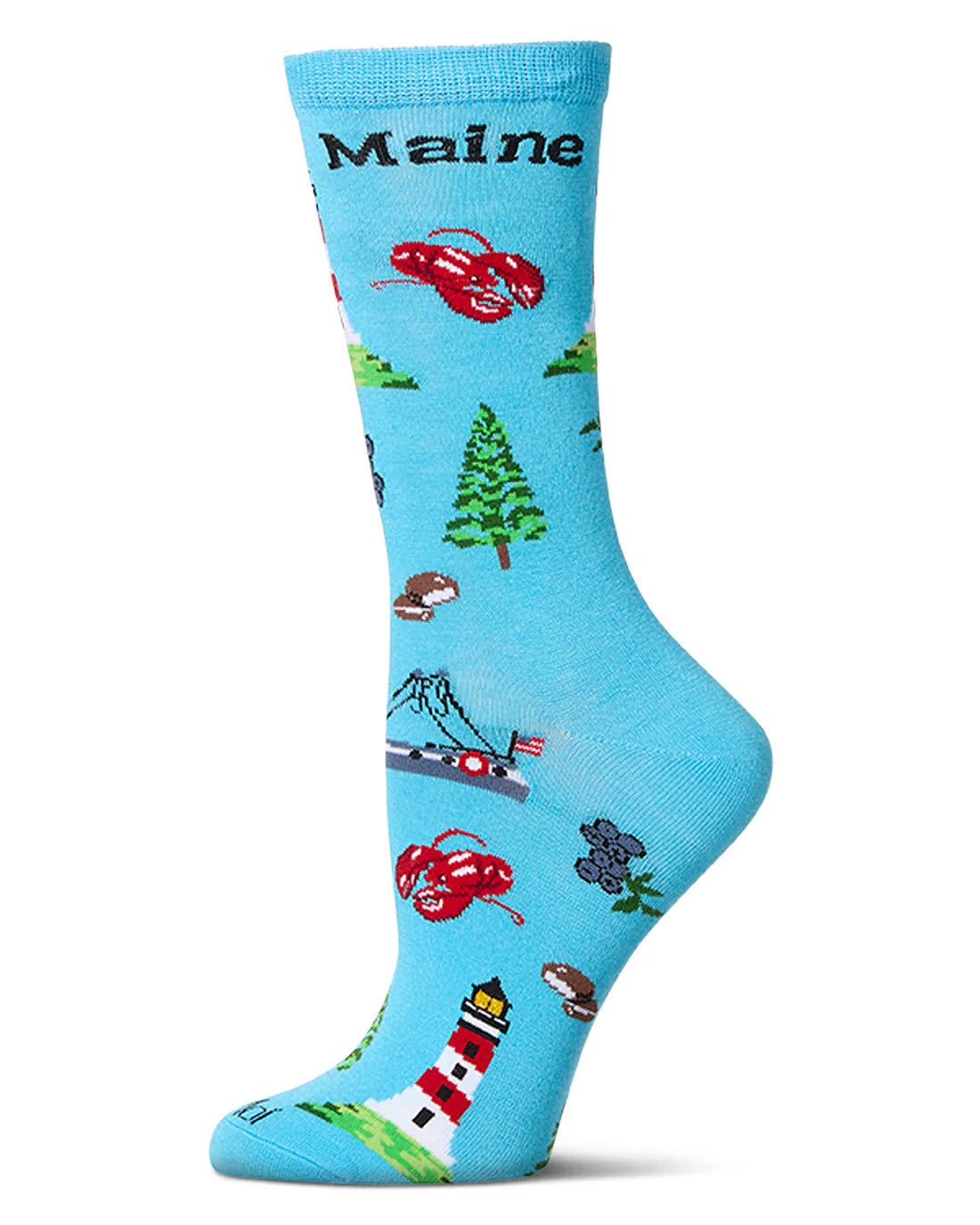A light blue sock decorated with illustrations representing Maine, including lobsters, blueberries, pine trees, a lighthouse, a bridge, and Maine written at the top.