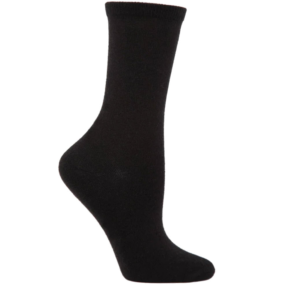 A single black crew sock displayed on a plain white background, shown in a side profile with the heel and toe visible.