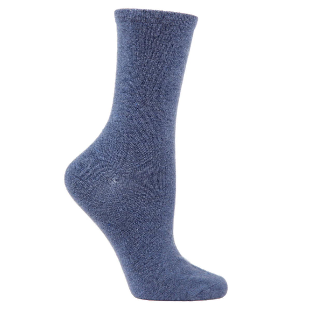 A single blue sock is displayed upright on a white background, showing the side profile from heel to toe. The sock appears soft and stretchy, with a smooth, plain texture and a mid-calf length.