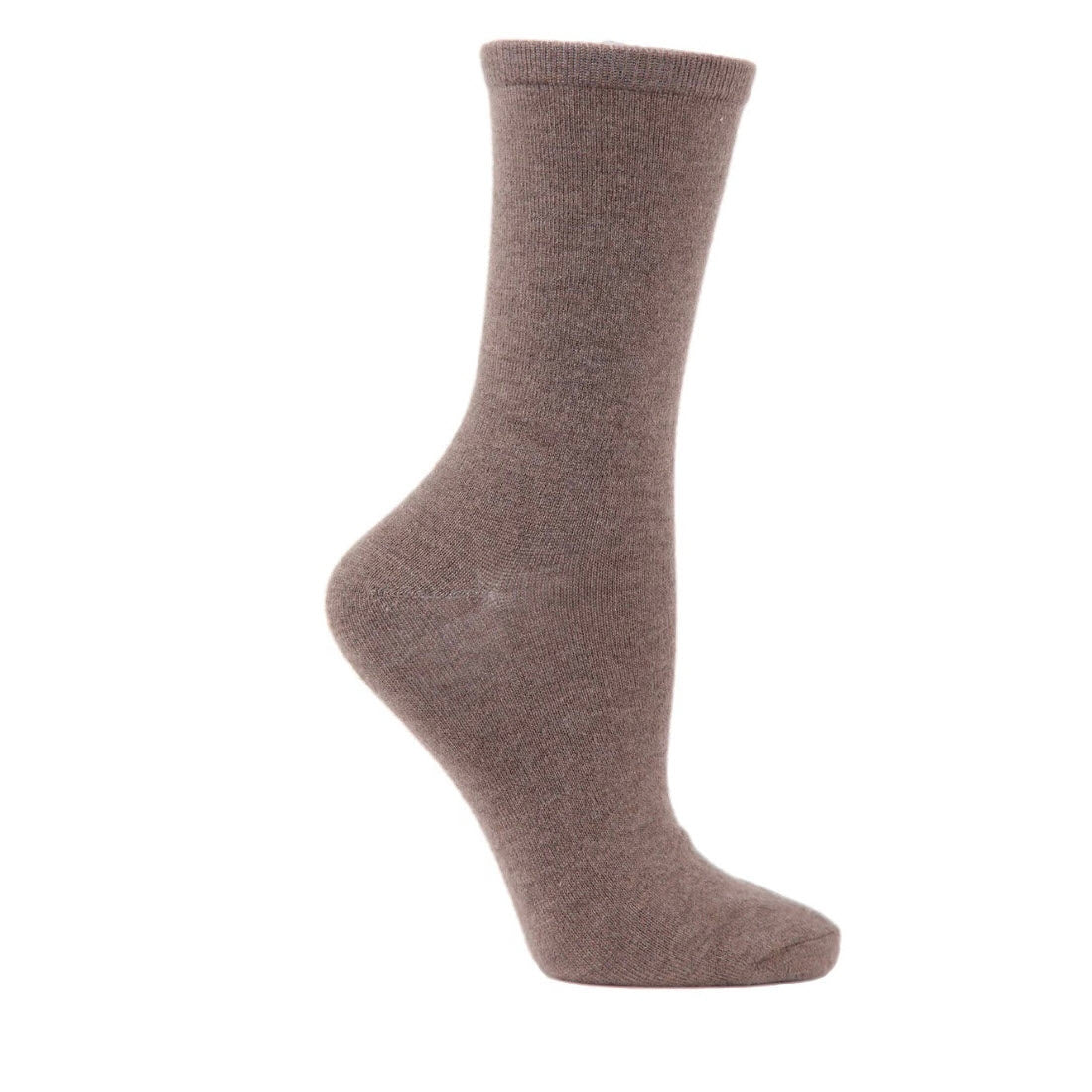 A single brown sock displayed on a foot-shaped mannequin, shown from the side against a plain white background.