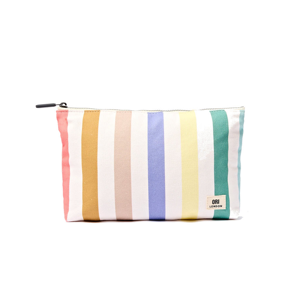 A rectangular zippered pouch with vertical pastel stripes in pink, beige, tan, blue, yellow, white, and green. The pouch has a small “ORI LONDON” label on the bottom right corner.