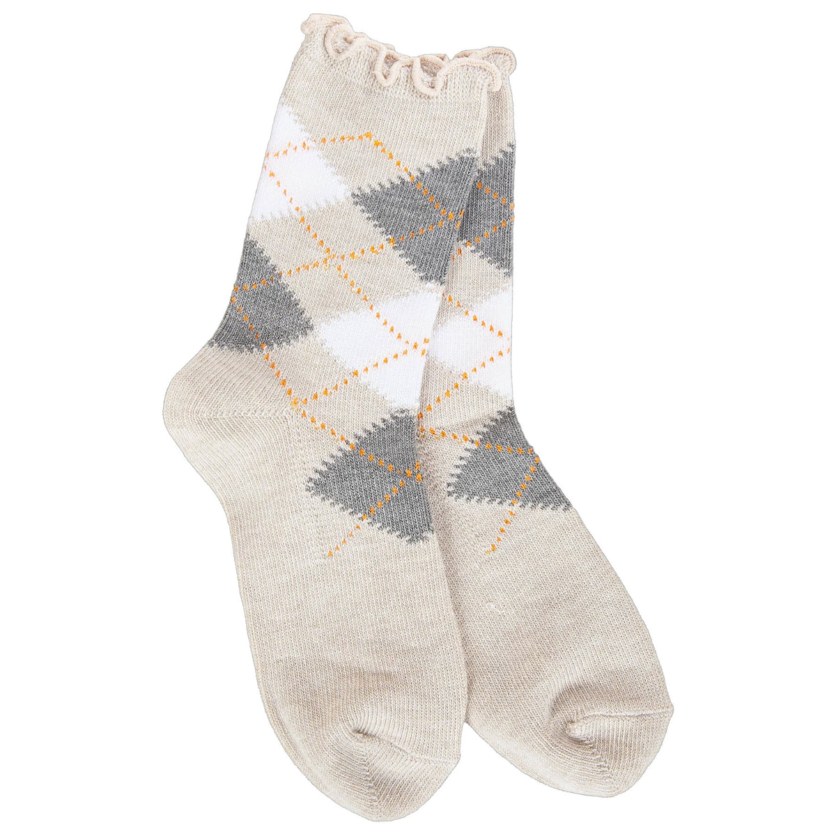WORLDS SOFTEST MINI ARGYLE RUFFLE CREW SOCKS OATMEAL - WOMENS