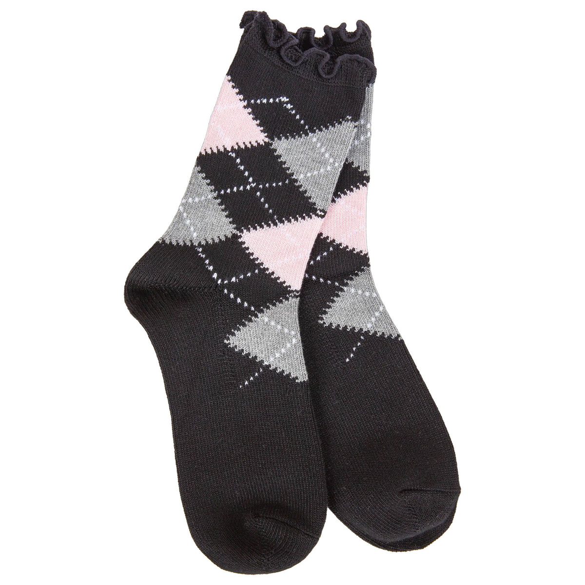 WORLDS SOFTEST MINI ARGYLE RUFFLE CREW SOCKS BLACK - WOMENS