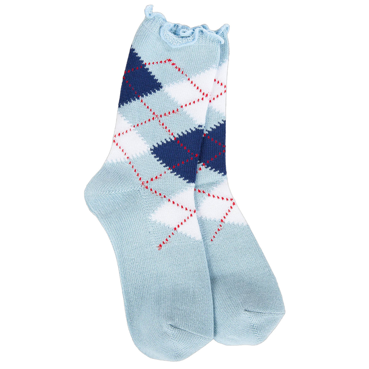WORLDS SOFTEST MINI ARGYLE RUFFLE CREW SOCKS BLUE - WOMENS