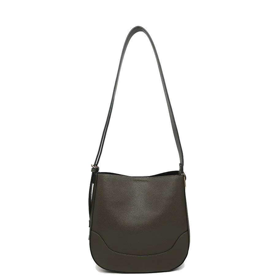 A simple, dark green leather shoulder bag with a long strap, curved bottom edge, and minimal detailing. The bag has a clean, structured design and a smooth, textured surface.