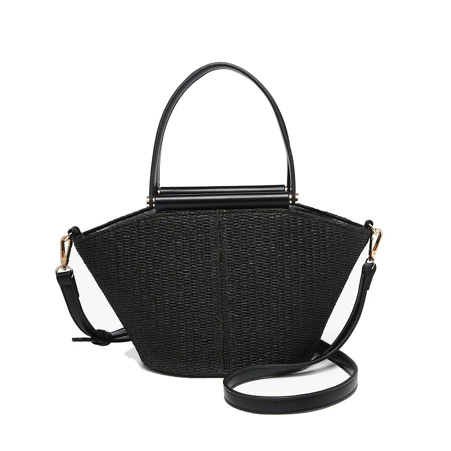 A black woven handbag with a structured, trapezoidal shape, two short handles, and a detachable long shoulder strap, displayed against a white background.