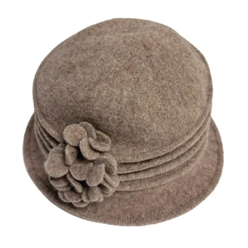 SHIHREEN WOOL FLOWER CLOCHE HAT TAUPE