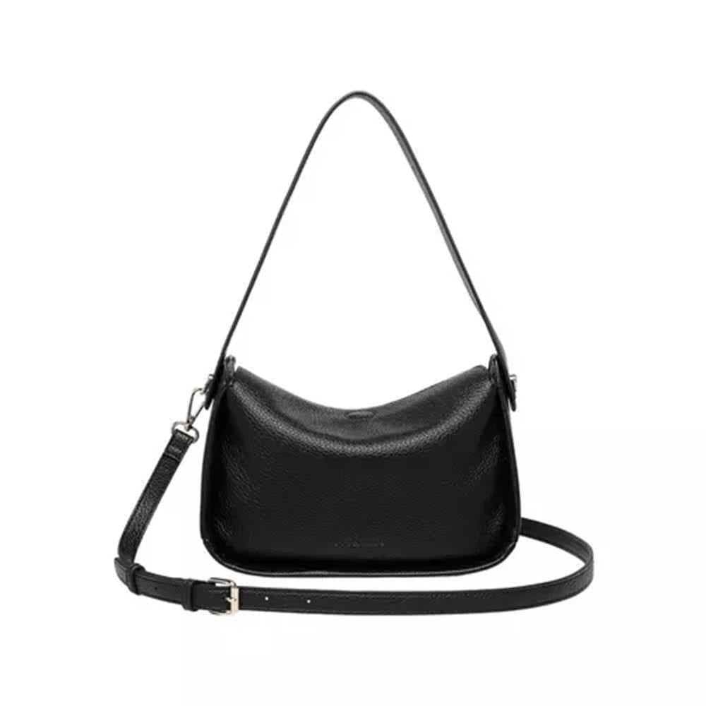 A small black leather shoulder bag with a single handle and an adjustable, detachable long strap, displayed against a plain white background.