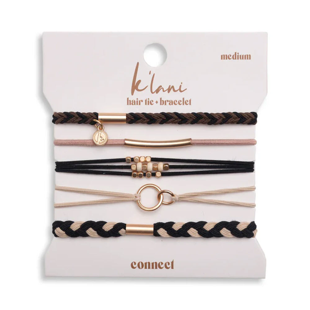 A card displaying five stylish hair ties and bracelets in black, beige, and blush tones with gold-tone accents, including braids, beads, and a round charm. The brand klani and the word connect are printed on the card.