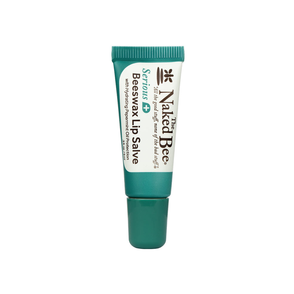 A tube of The Naked Bee Serious Beeswax Lip Salve with a teal cap and teal-accented label. The product claims to be hydrating and features peppermint and orange blossom.