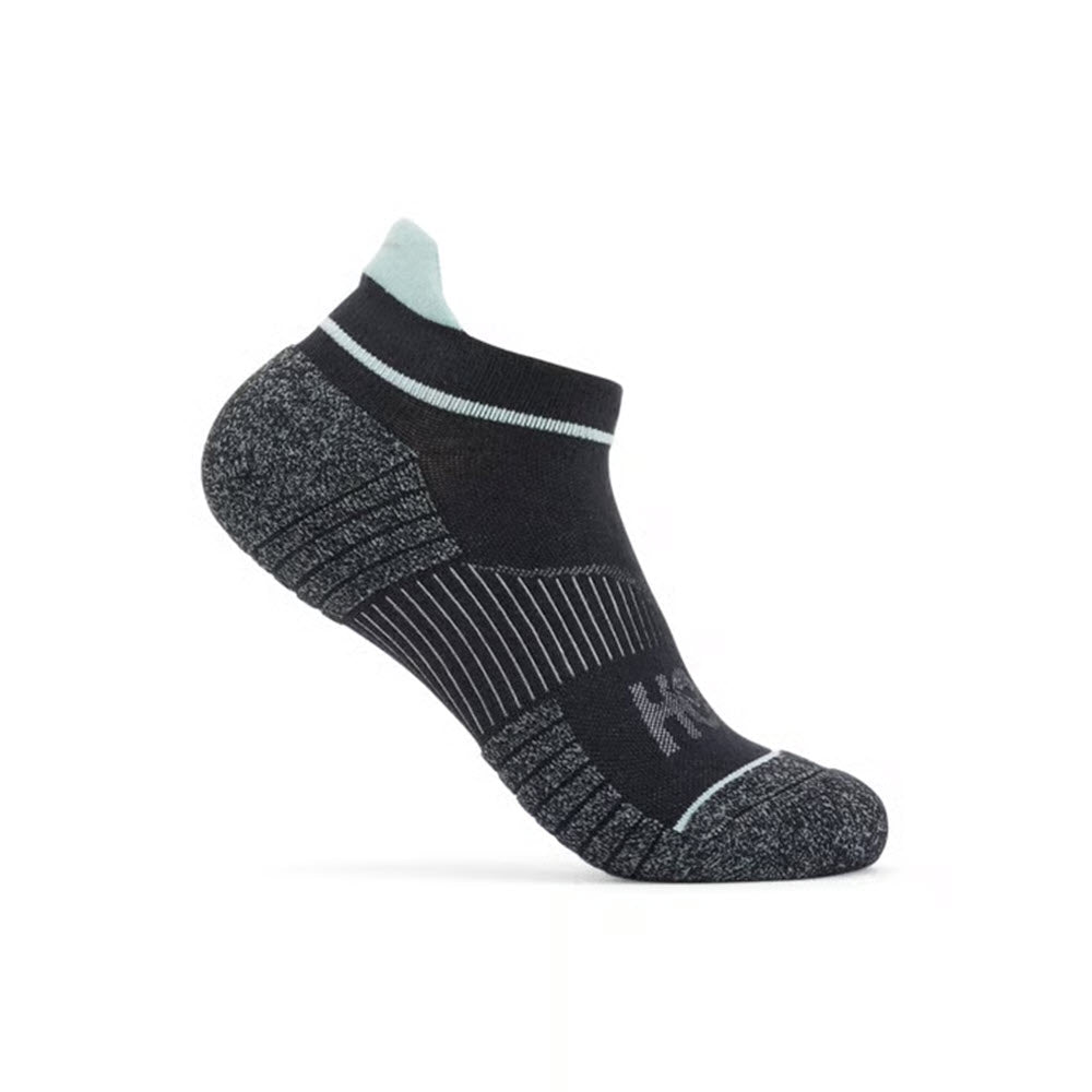 A single black and gray ankle sock with light blue accents, featuring ribbed and textured details for added support, displayed on a white background.