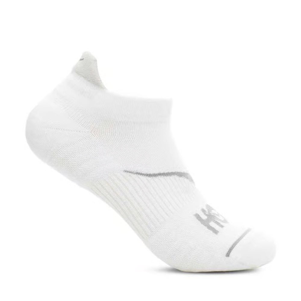 A single white low-cut athletic sock with subtle gray detailing and ribbed texture, photographed on a white background.