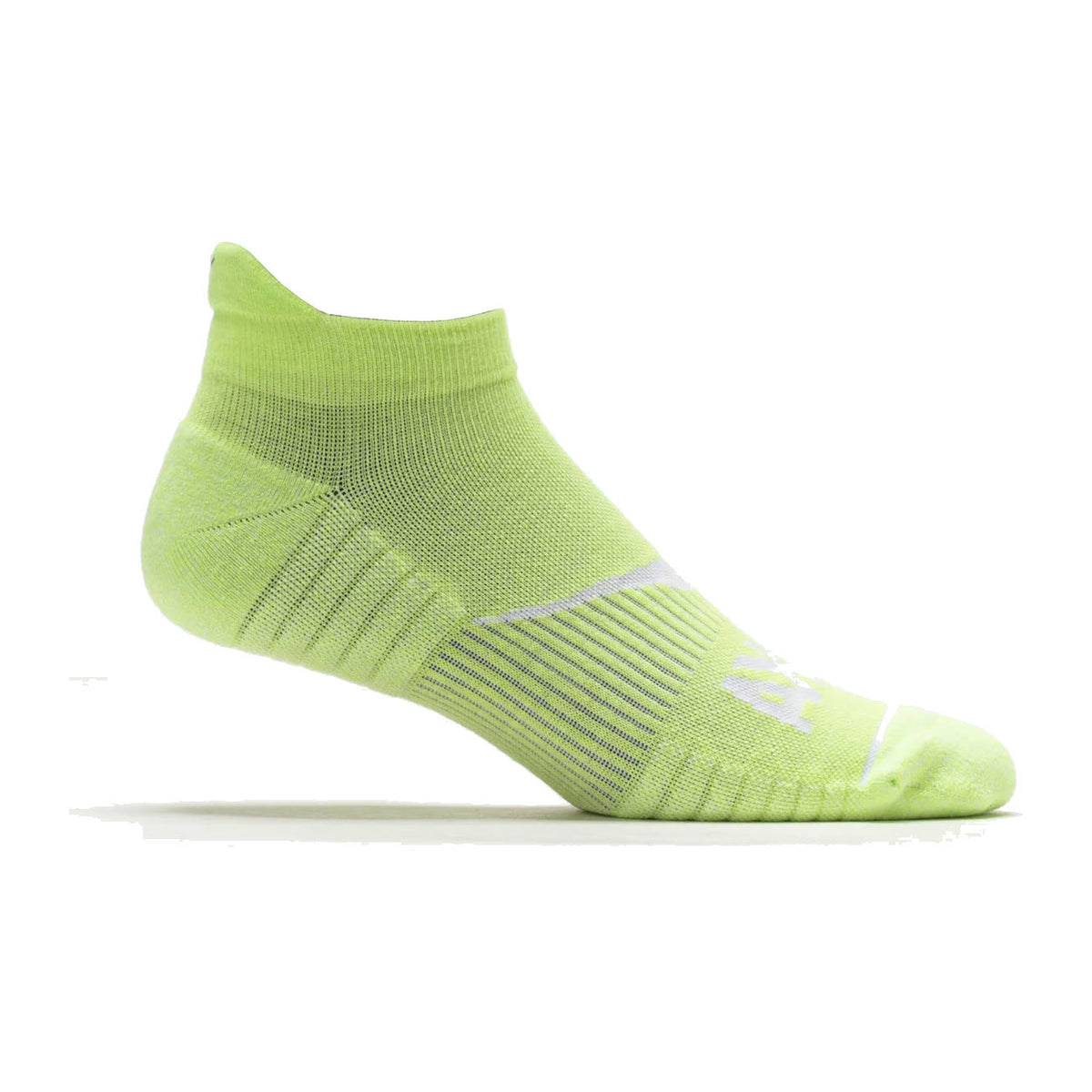 A single neon green ankle sock with a ribbed cuff, white accents, and textured patterns for support, displayed on a white background.