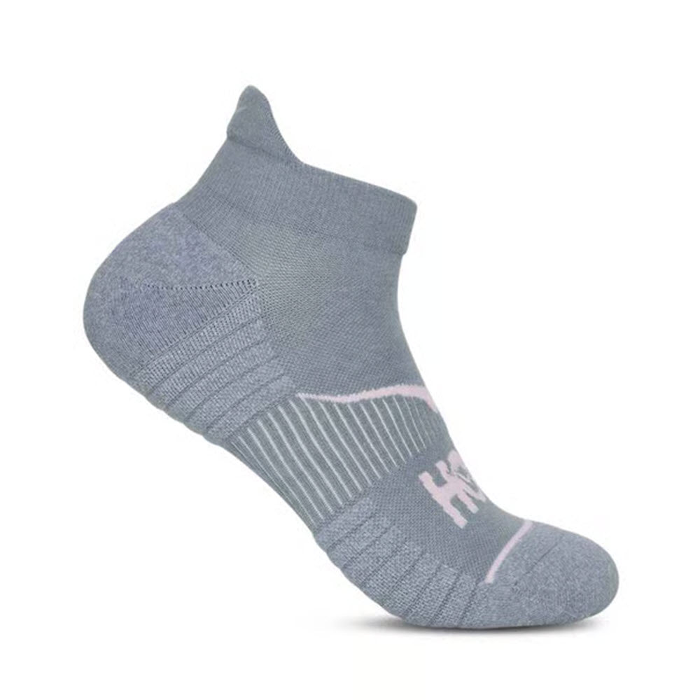A single light gray ankle sock with a ribbed arch, reinforced heel and toe, and subtle white and pink accents, displayed on an invisible foot to show its shape and texture.
