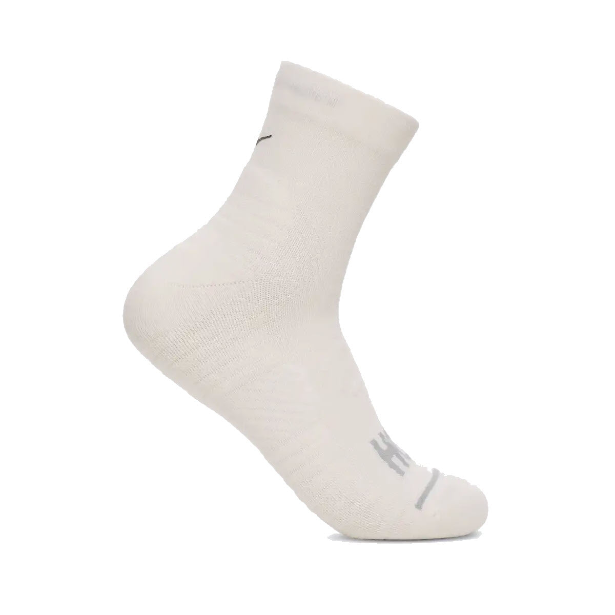 A single white athletic sock with gray text on the toe area, shown angled to display the side and bottom, against a plain white background.